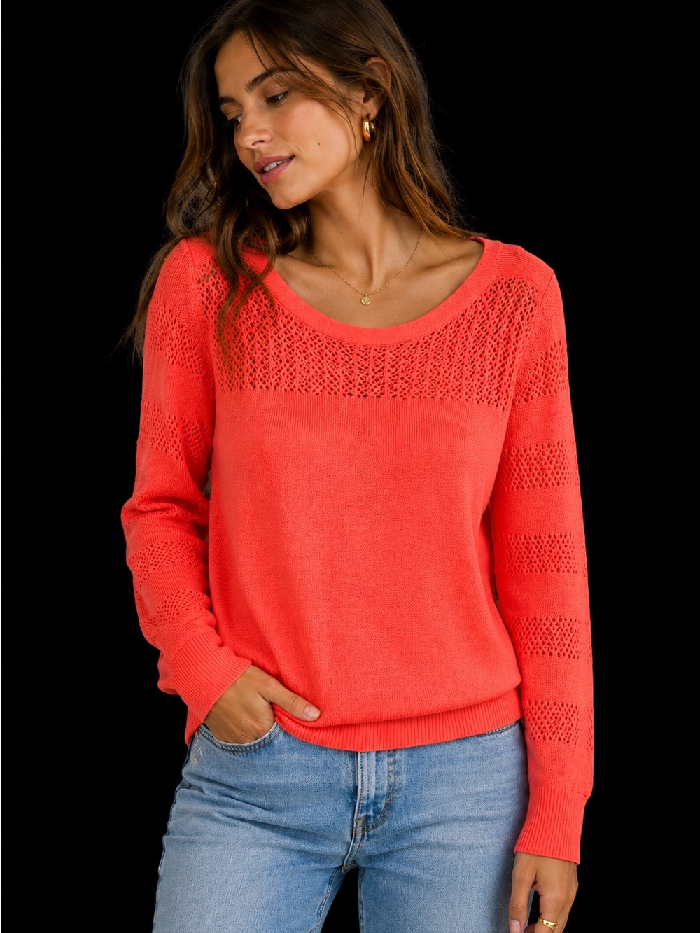 LOFT Coral Scoop-Neck Open-Knit Pullover